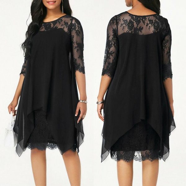 The Best New Women 3/4 Sleeve Causal Loose Lace Evening Formal Dress Elegant Office Ladies Summer Party Beach Holiday Sundress Online - Takalr