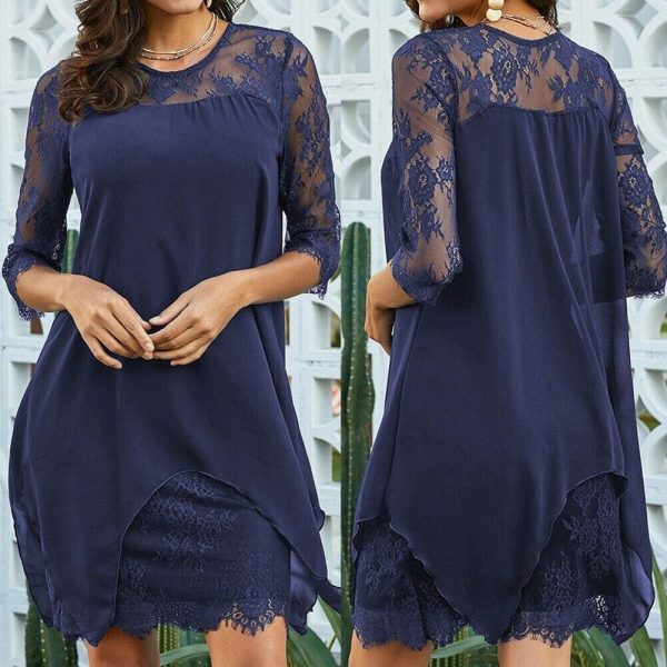 The Best New Women 3/4 Sleeve Causal Loose Lace Evening Formal Dress Elegant Office Ladies Summer Party Beach Holiday Sundress Online - Takalr