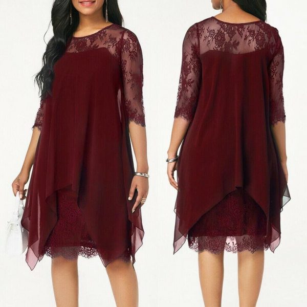 The Best New Women 3/4 Sleeve Causal Loose Lace Evening Formal Dress Elegant Office Ladies Summer Party Beach Holiday Sundress Online - Takalr