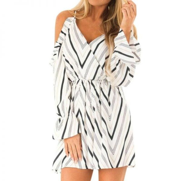 The Best New Women Autumn Dress Fashion V neck Off Shoulder Striped Long Sleeve Casual Holiday Short Mini Dress Online - Takalr