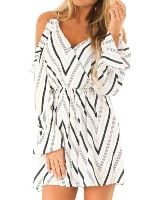 The Best New Women Autumn Dress Fashion V neck Off Shoulder Striped Long Sleeve Casual Holiday Short Mini Dress Online - Takalr