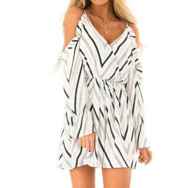 The Best New Women Autumn Dress Fashion V neck Off Shoulder Striped Long Sleeve Casual Holiday Short Mini Dress Online - Takalr