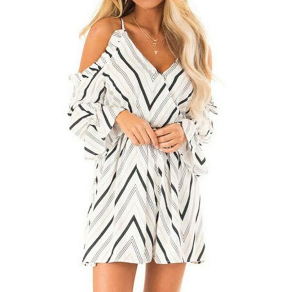 The Best New Women Autumn Dress Fashion V neck Off Shoulder Striped Long Sleeve Casual Holiday Short Mini Dress Online - Takalr