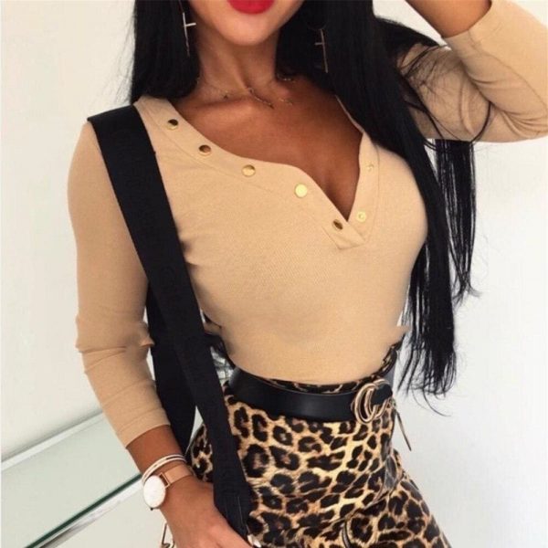 The Best New Women Autumn Long Sleeve Sweatshirt Blouse Tops Casual V neck Jumper Buttons Ladies Slim Fit Tee Shirt Online - Takalr