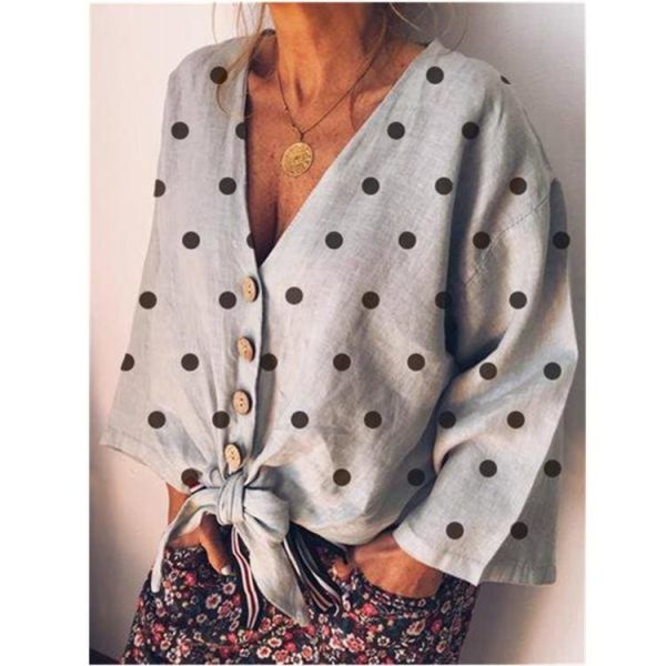 The Best New Women Autumn Summer Fashion Long Sleeve Loose T Shirts Ladies Casual V-Neck Dot Print Tops Shirt Women Clothes Online - Takalr