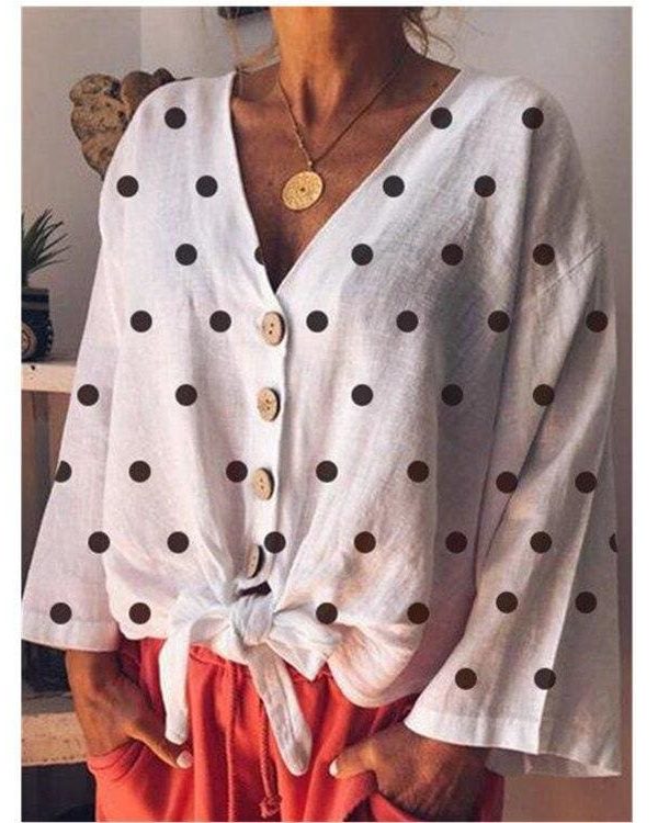 The Best New Women Autumn Summer Fashion Long Sleeve Loose T Shirts Ladies Casual V-Neck Dot Print Tops Shirt Women Clothes Online - Takalr