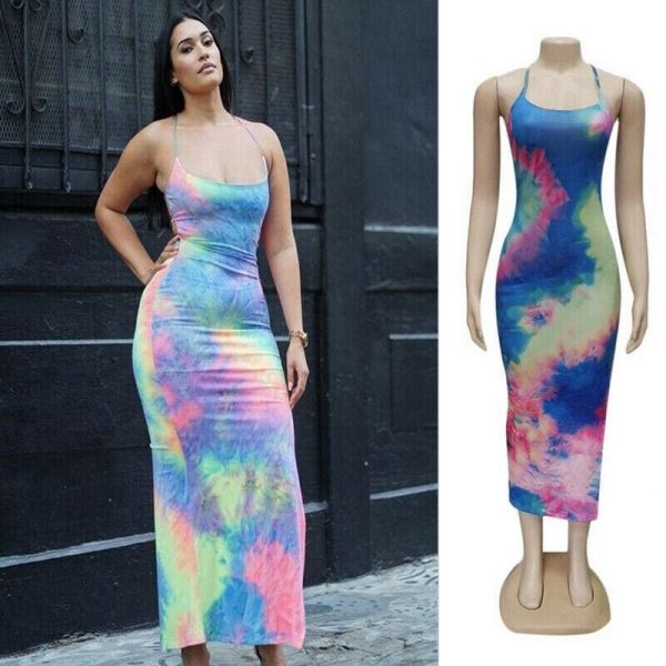 The Best New Women Backless Holiday Beach Strappy Bodycon Dress Summer Tie Dyeing Party Slim Dresses Clubwear Online - Takalr