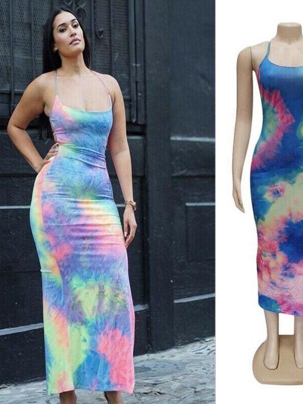 The Best New Women Backless Holiday Beach Strappy Bodycon Dress Summer Tie Dyeing Party Slim Dresses Clubwear Online - Takalr