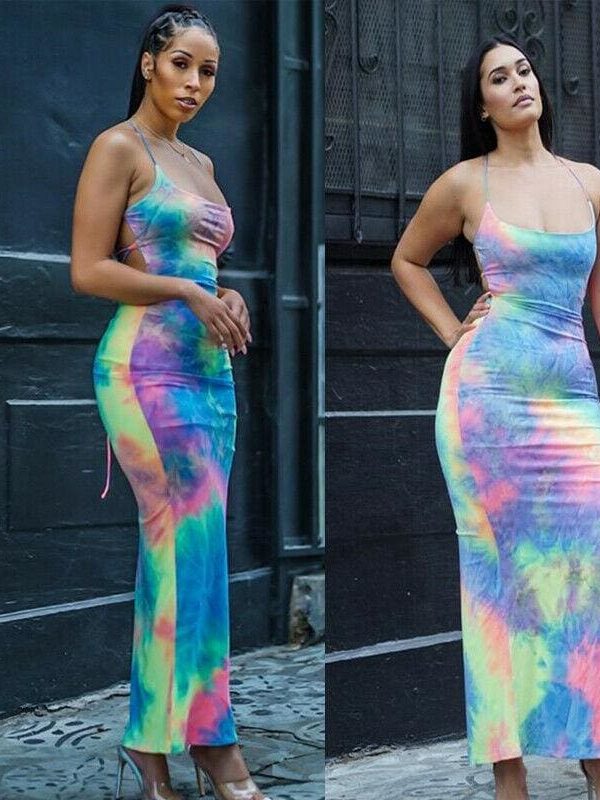 The Best New Women Backless Holiday Beach Strappy Bodycon Dress Summer Tie Dyeing Party Slim Dresses Clubwear Online - Takalr