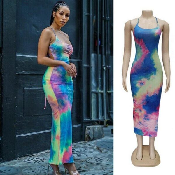 The Best New Women Backless Holiday Beach Strappy Bodycon Dress Summer Tie Dyeing Party Slim Dresses Clubwear Online - Takalr