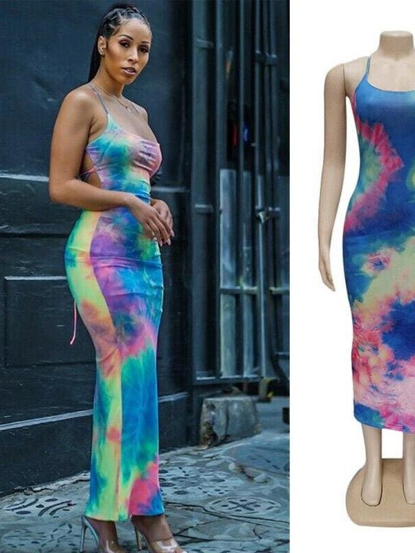 The Best New Women Backless Holiday Beach Strappy Bodycon Dress Summer Tie Dyeing Party Slim Dresses Clubwear Online - Takalr