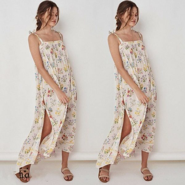 The Best New Women Boho Floral Long Maxi Dress Summer Beach Ladies Sleeveless Party Holiday Casual Loose Sundress Online - Takalr