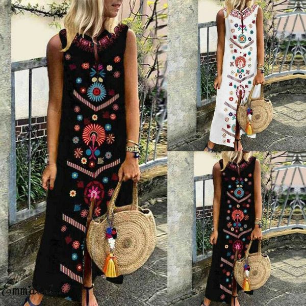 The Best New Women Boho Floral Sleeveless Slit Fashion Ladies Long Holiday Casual Summer Print Beach Dress Sundress Hot Online - Takalr