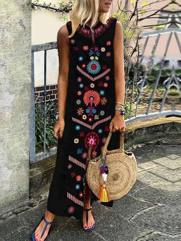 The Best New Women Boho Floral Sleeveless Slit Fashion Ladies Long Holiday Casual Summer Print Beach Dress Sundress Hot Online - Takalr