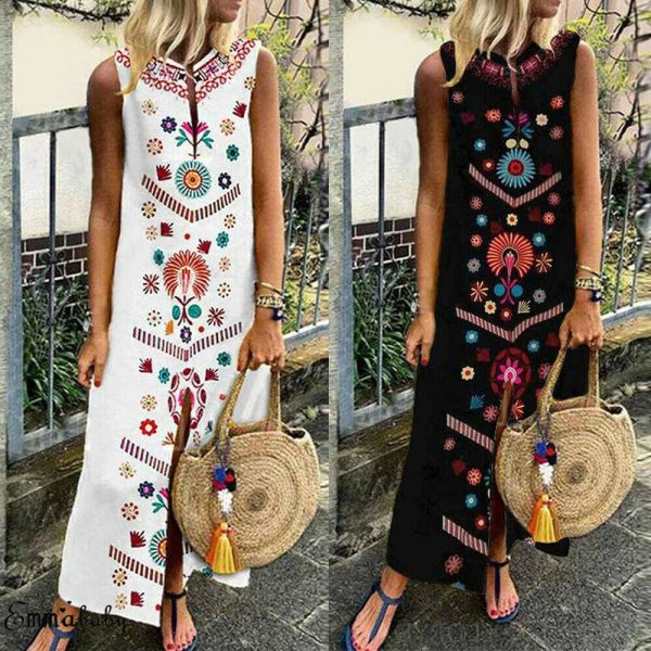 The Best New Women Boho Floral Sleeveless Slit Fashion Ladies Long Holiday Casual Summer Print Beach Dress Sundress Hot Online - Takalr