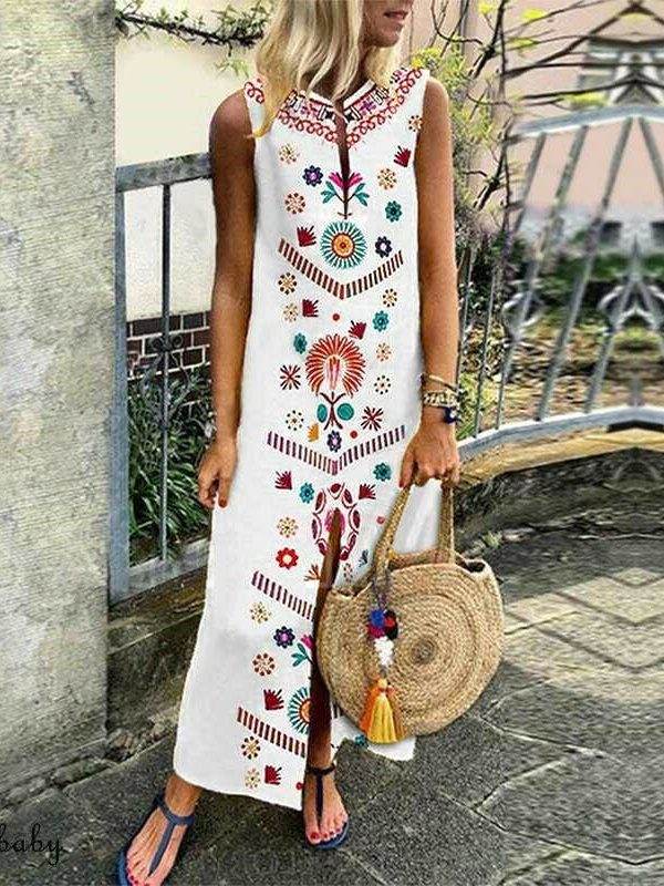 The Best New Women Boho Floral Sleeveless Slit Fashion Ladies Long Holiday Casual Summer Print Beach Dress Sundress Hot Online - Takalr