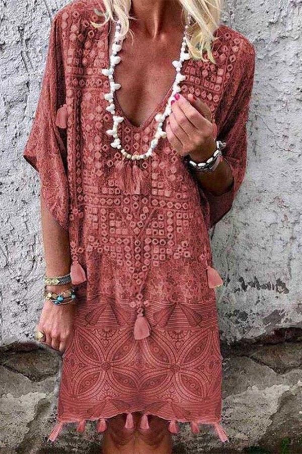 The Best New Women Boho Short Sleeve Dress Summer Printed Beach Ladies Casual Loose Mini Shirt Beach Dress Sundress Online - Takalr