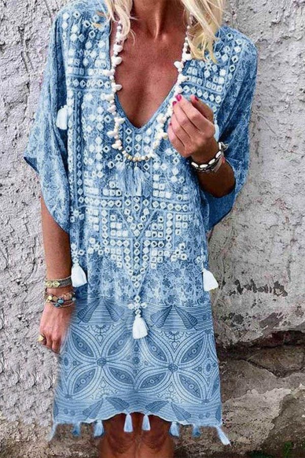 The Best New Women Boho Short Sleeve Dress Summer Printed Beach Ladies Casual Loose Mini Shirt Beach Dress Sundress Online - Takalr