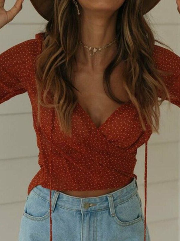 The Best New Women Boho V-Neck Summer Lace Up Long Sleeve T Shirt Tops Ladies Holiday Beach Casual Loose Tops Streetwear Online - Takalr