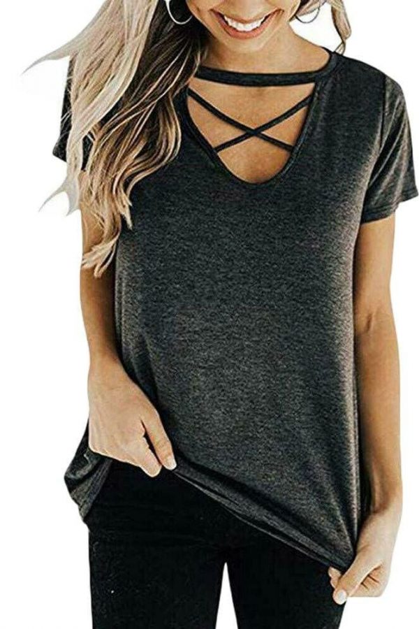 The Best New Women Casual Hollow Out Neck Tops Summer Short Sleeve Cotton Shirt Blouse Fashion Ladies Loose Solid Shirts Online - Takalr