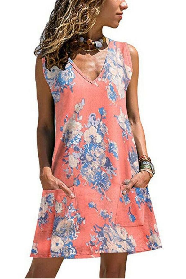 The Best New Women Casual Loose Tunic Floral Dress Ladies Casual Beach Swing Strappy Cami Pocket Summer Party Dress Sundress Online - Takalr