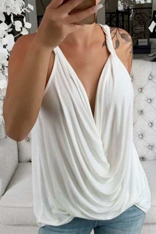 The Best New Women Casual Strap Sheer Sleeveless Solid Tank Top Summer Ladies V-neck Loose Camisole Crop Tank Tops Vest Shirt Online - Takalr