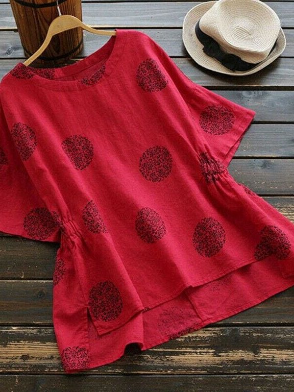 The Best New Women Casual Summer Floral Vintage Round Neck Shirt Fashion Short Sleeve Coin Dots Loose Cotton T-Shirt Online - Takalr