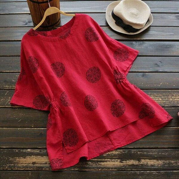 The Best New Women Casual Summer Floral Vintage Round Neck Shirt Fashion Short Sleeve Coin Dots Loose Cotton T-Shirt Online - Takalr