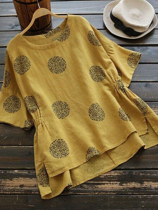 The Best New Women Casual Summer Floral Vintage Round Neck Shirt Fashion Short Sleeve Coin Dots Loose Cotton T-Shirt Online - Takalr