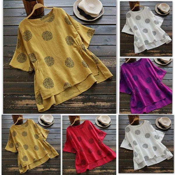 The Best New Women Casual Summer Floral Vintage Round Neck Shirt Fashion Short Sleeve Coin Dots Loose Cotton T-Shirt Online - Takalr