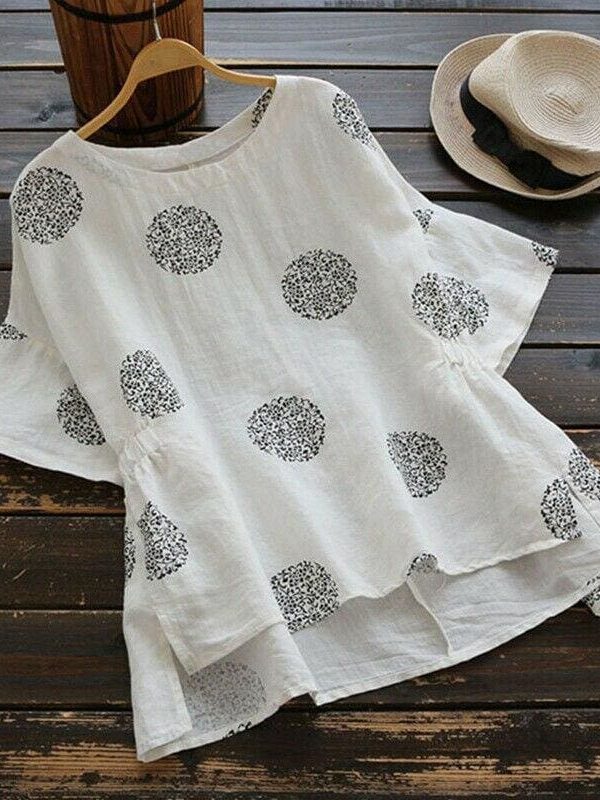 The Best New Women Casual Summer Floral Vintage Round Neck Shirt Fashion Short Sleeve Coin Dots Loose Cotton T-Shirt Online - Takalr