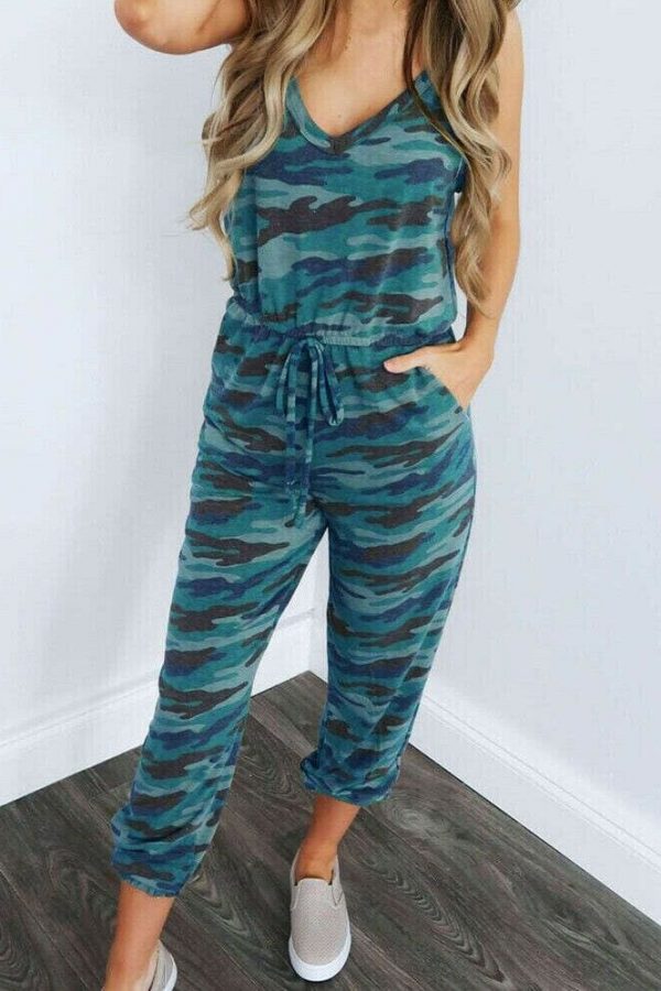 The Best New Women Casual Summer Jumpsuit Bandage Sleeveless Slim Fit Bodycon Long Trouser Overalls Camo Solid Romper Jumpsuit Online - Takalr