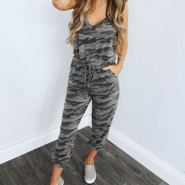 The Best New Women Casual Summer Jumpsuit Bandage Sleeveless Slim Fit Bodycon Long Trouser Overalls Camo Solid Romper Jumpsuit Online - Takalr