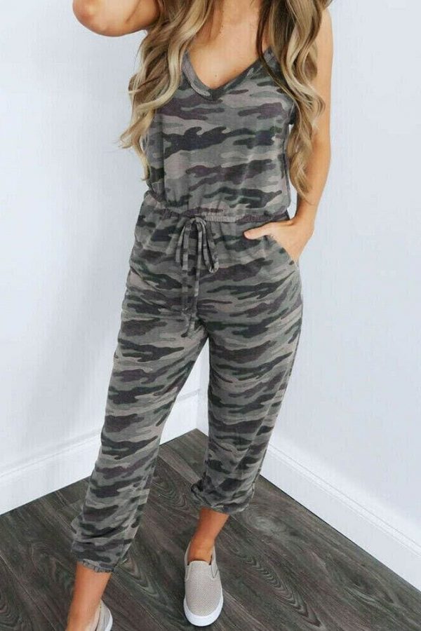 The Best New Women Casual Summer Jumpsuit Bandage Sleeveless Slim Fit Bodycon Long Trouser Overalls Camo Solid Romper Jumpsuit Online - Takalr