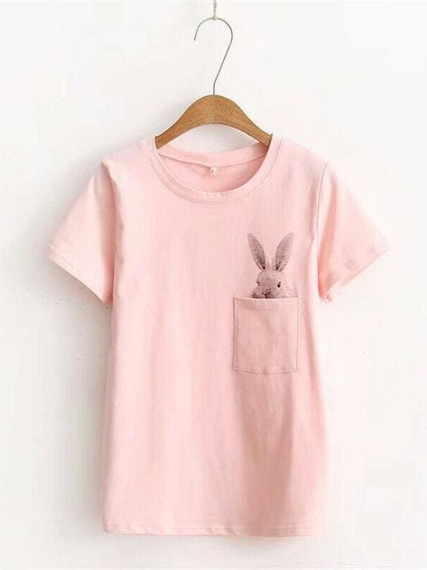 The Best New Women Casual T-shirt Short Sleeve Ladies Loose Casual Summer Tops Cartoon Bunny Pocket Short Sleeve Tops Online - Takalr