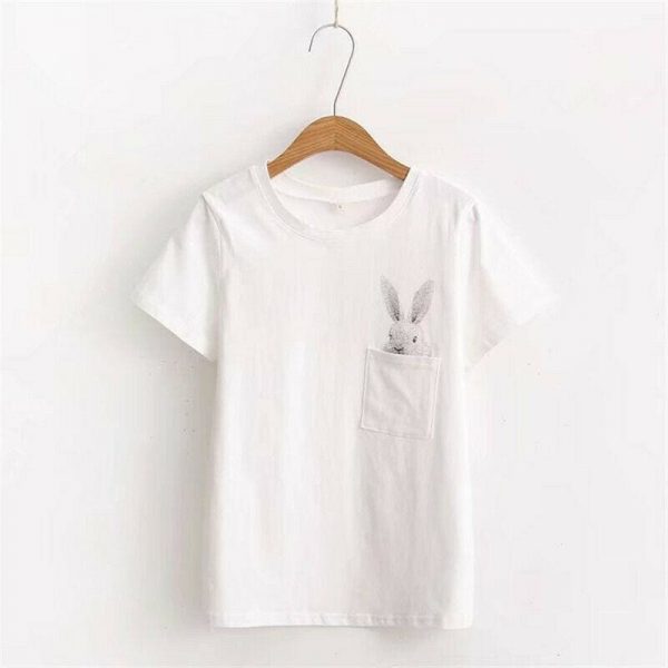 The Best New Women Casual T-shirt Short Sleeve Ladies Loose Casual Summer Tops Cartoon Bunny Pocket Short Sleeve Tops Online - Takalr