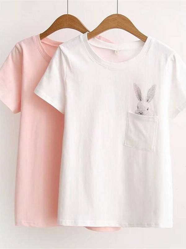 The Best New Women Casual T-shirt Short Sleeve Ladies Loose Casual Summer Tops Cartoon Bunny Pocket Short Sleeve Tops Online - Takalr