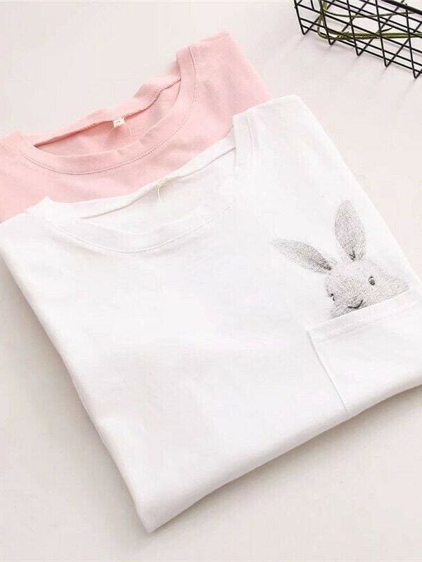 The Best New Women Casual T-shirt Short Sleeve Ladies Loose Casual Summer Tops Cartoon Bunny Pocket Short Sleeve Tops Online - Takalr