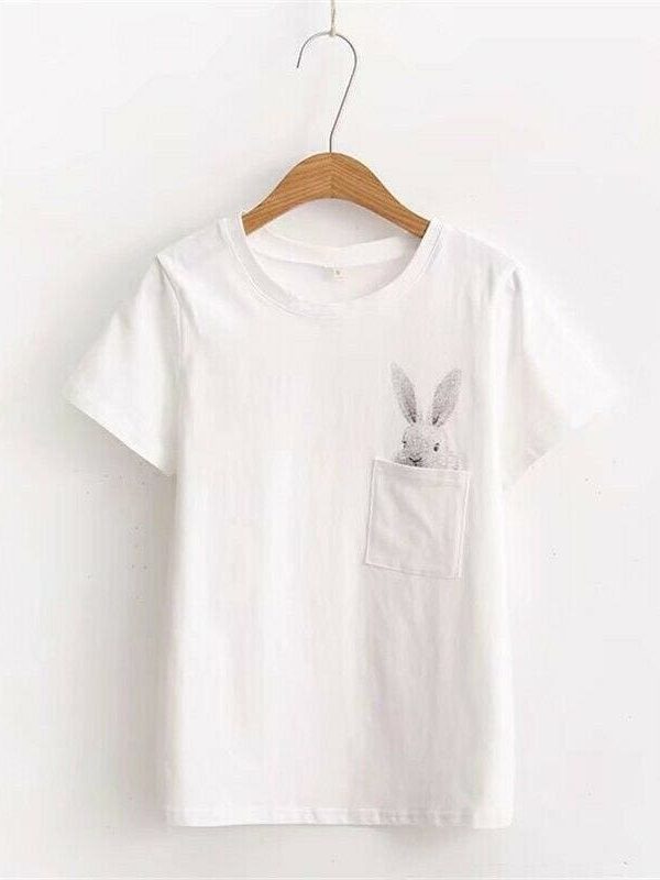 The Best New Women Casual T-shirt Short Sleeve Ladies Loose Casual Summer Tops Cartoon Bunny Pocket Short Sleeve Tops Online - Takalr