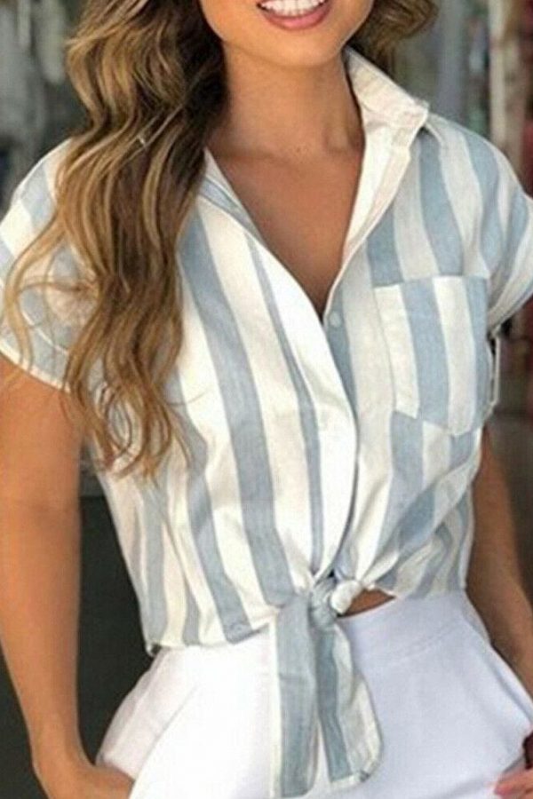 The Best New Women Fashion Short Sleeve V-neck Loose Tunic Tops Shirt OL Ladies Summer Casual Striped Button Blouse Online - Takalr