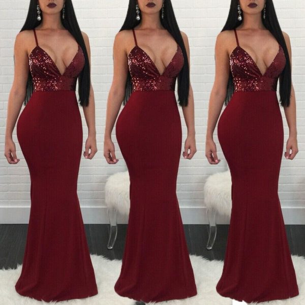 The Best New Women Formal Prom Long Sequin Dress V-Neck Sleeveless Bodycon SunDress Party Cocktail Long Slim Dress Online - Source Silk