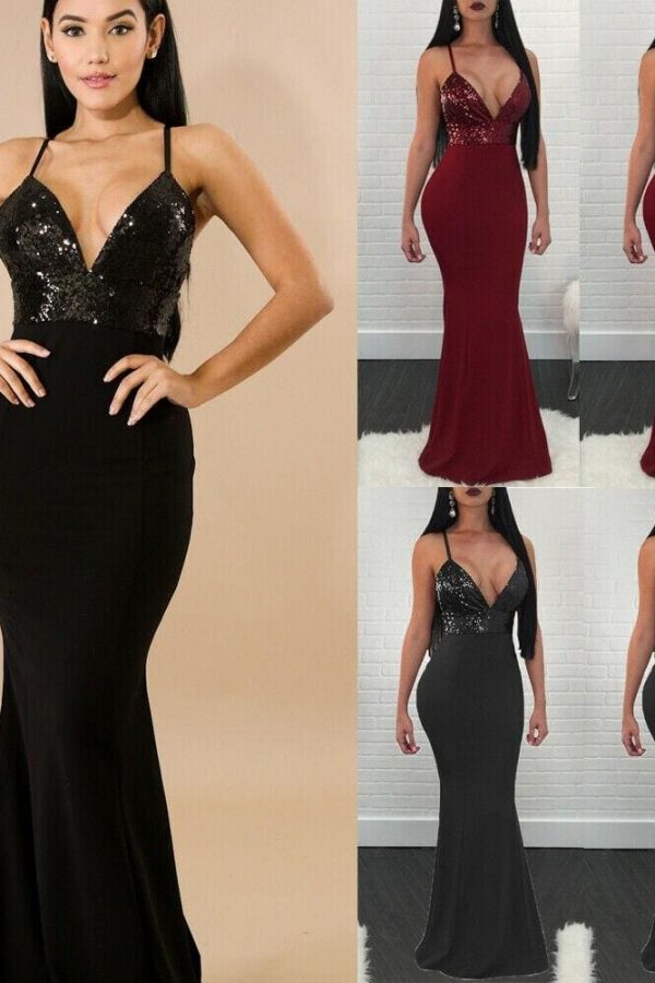 The Best New Women Formal Prom Long Sequin Dress V-Neck Sleeveless Bodycon SunDress Party Cocktail Long Slim Dress Online - Source Silk