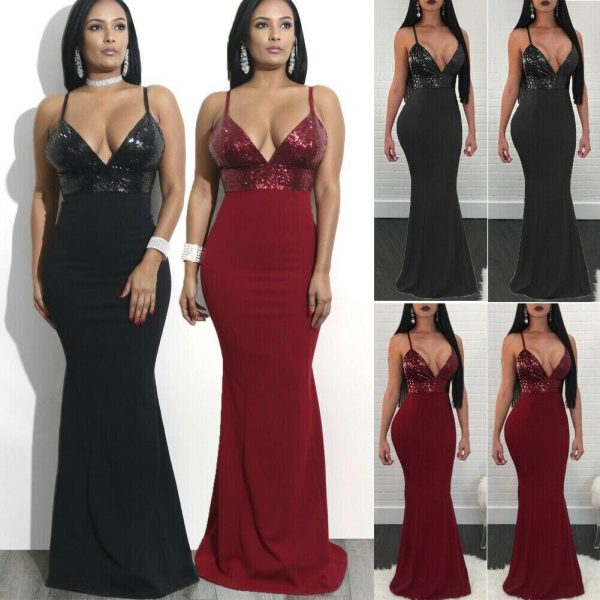 The Best New Women Formal Prom Long Sequin Dress V-Neck Sleeveless Bodycon SunDress Party Cocktail Long Slim Dress Online - Source Silk