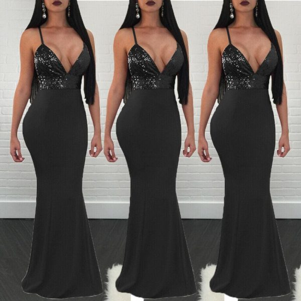 The Best New Women Formal Prom Long Sequin Dress V-Neck Sleeveless Bodycon SunDress Party Cocktail Long Slim Dress Online - Source Silk