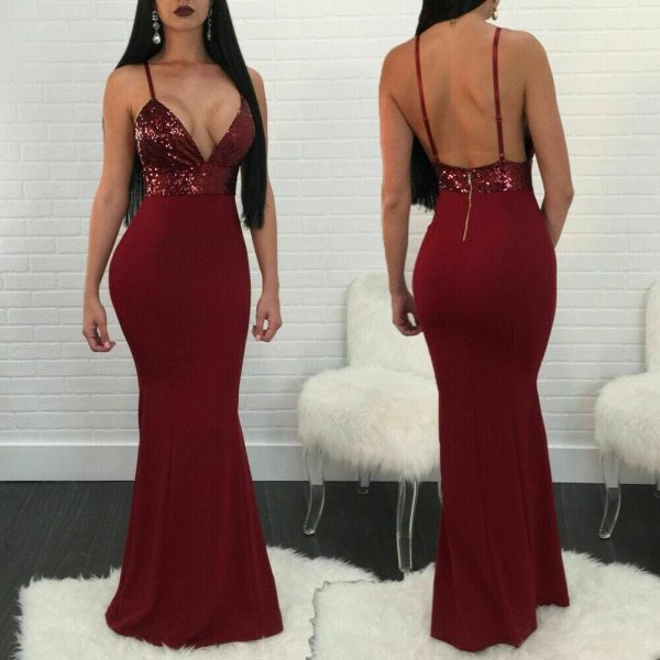 The Best New Women Formal Prom Long Sequin Dress V-Neck Sleeveless Bodycon SunDress Party Cocktail Long Slim Dress Online - Source Silk