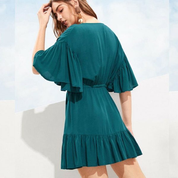 The Best New Women Green V-neck Frill Mini Short Dress Ladies Short Sleeve Fashion Summer Beach Skater Slim Sundress Online - Takalr