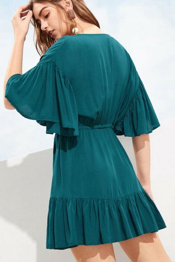 The Best New Women Green V-neck Frill Mini Short Dress Ladies Short Sleeve Fashion Summer Beach Skater Slim Sundress Online - Takalr