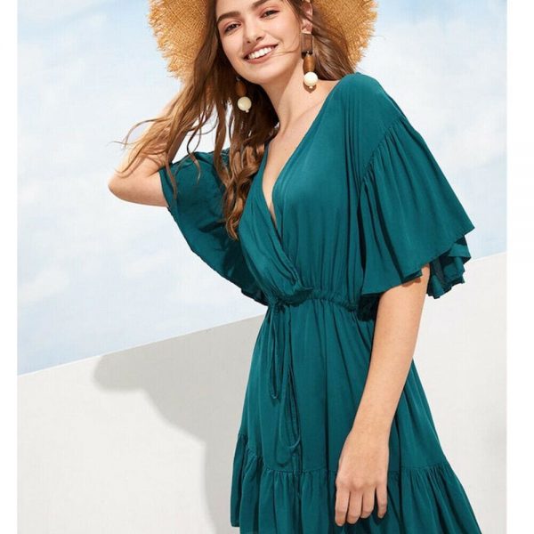 The Best New Women Green V-neck Frill Mini Short Dress Ladies Short Sleeve Fashion Summer Beach Skater Slim Sundress Online - Takalr