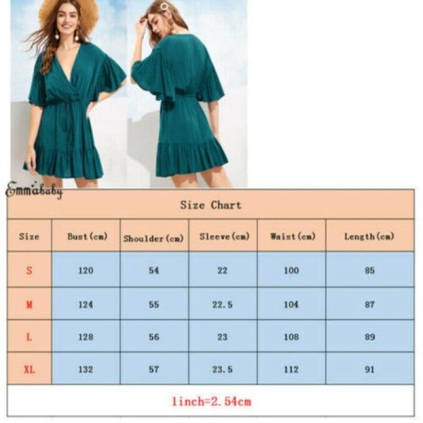 The Best New Women Green V-neck Frill Mini Short Dress Ladies Short Sleeve Fashion Summer Beach Skater Slim Sundress Online - Takalr