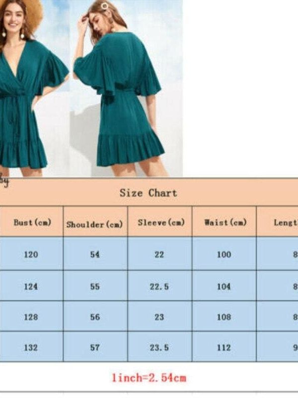 The Best New Women Green V-neck Frill Mini Short Dress Ladies Short Sleeve Fashion Summer Beach Skater Slim Sundress Online - Takalr